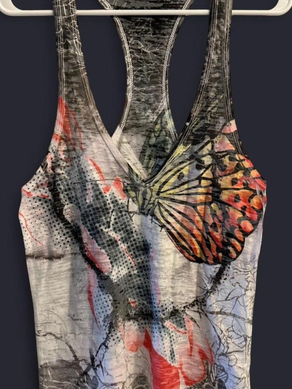Multicolored fairy core/festival/grunge plunge V-neck racer back butterfly tank.
